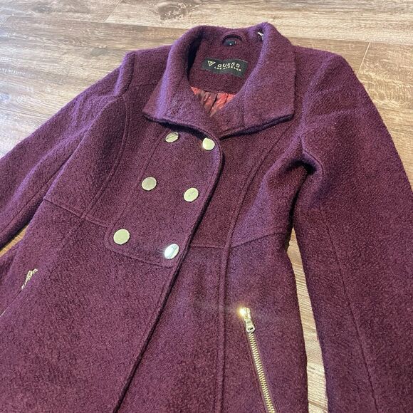 Guess Los Angeles Pea Coat Women’s M Burgundy Wool Blend Double Breast - Picture 2 of 16